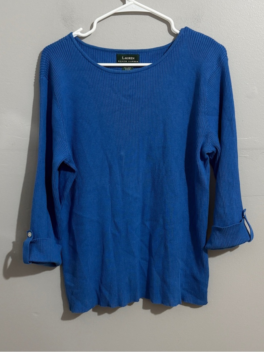 Lauren Ralph Lauren Top Womens XL Cotton Ribbed Cobalt Blue Roll Tab Sleeve